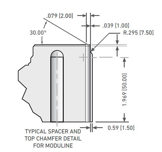 Diagram of typical spacer and top chamfer detail for Moduline Truncated Dome Pavers.